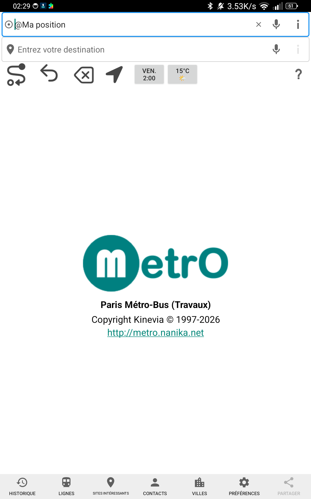 MetrO Android main screen