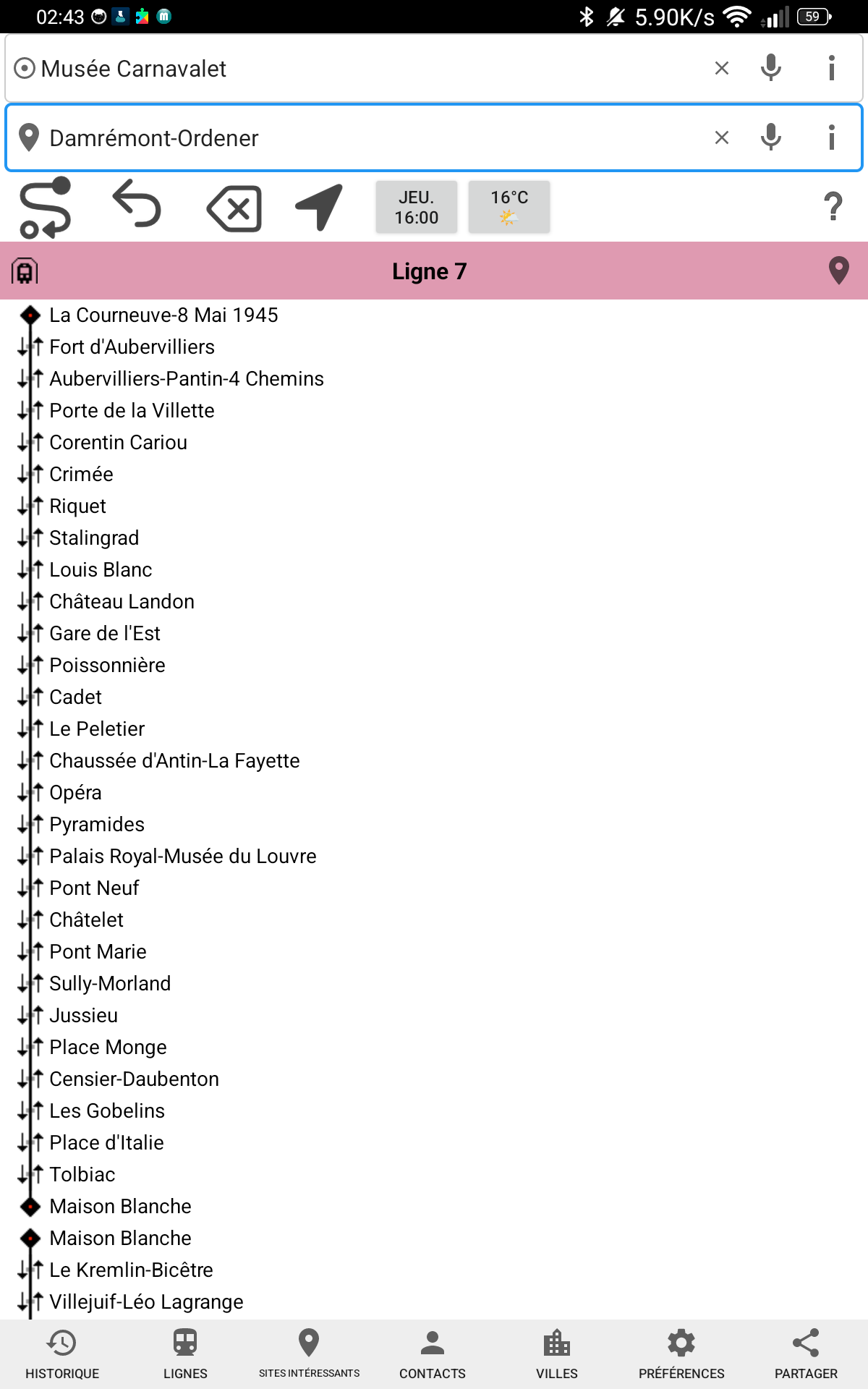 Stop list for a line